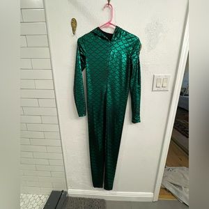 Hooded adult onesie with shimmery emerald scales